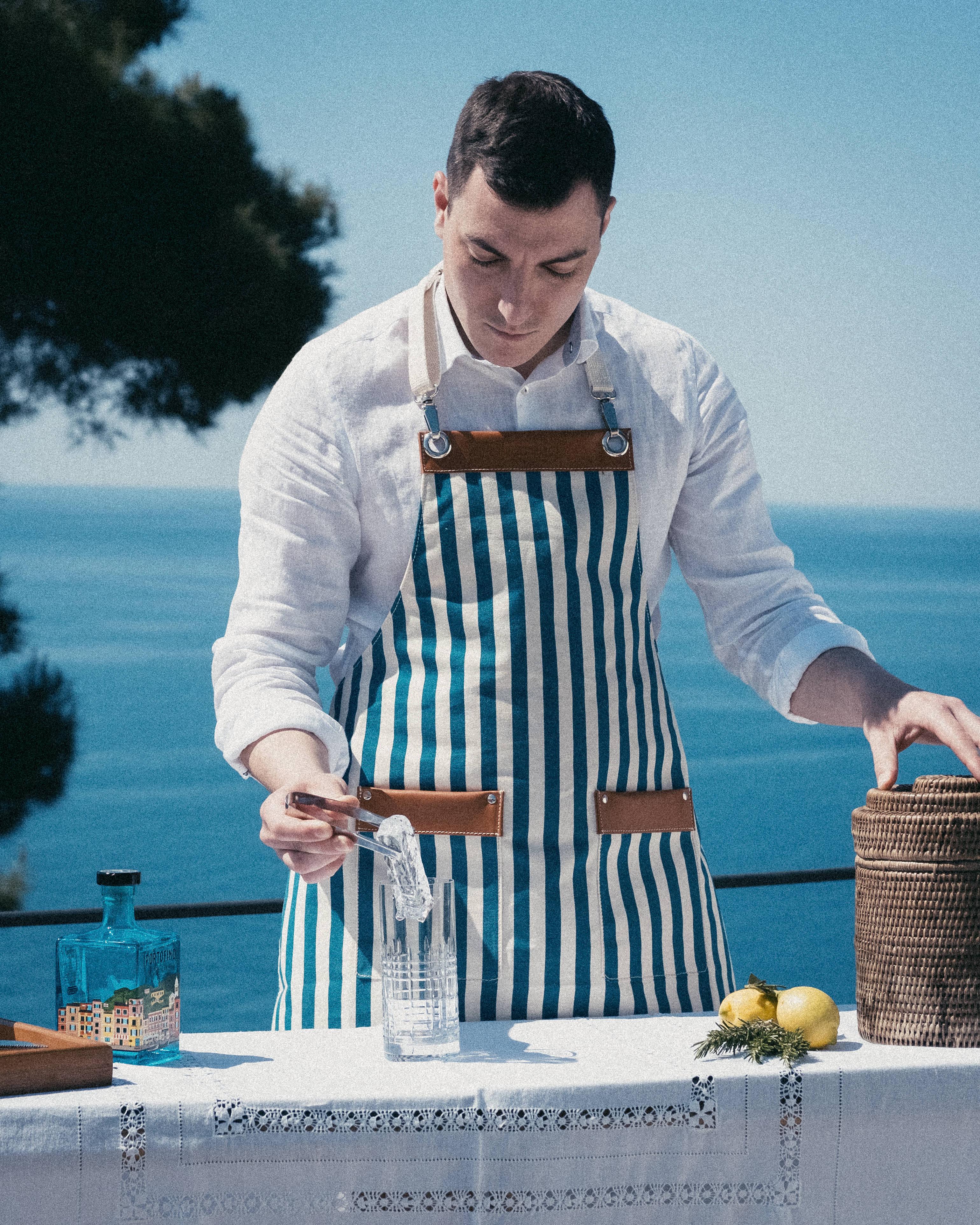 Portofino grembiule a righe cotone e pelle barman mixology