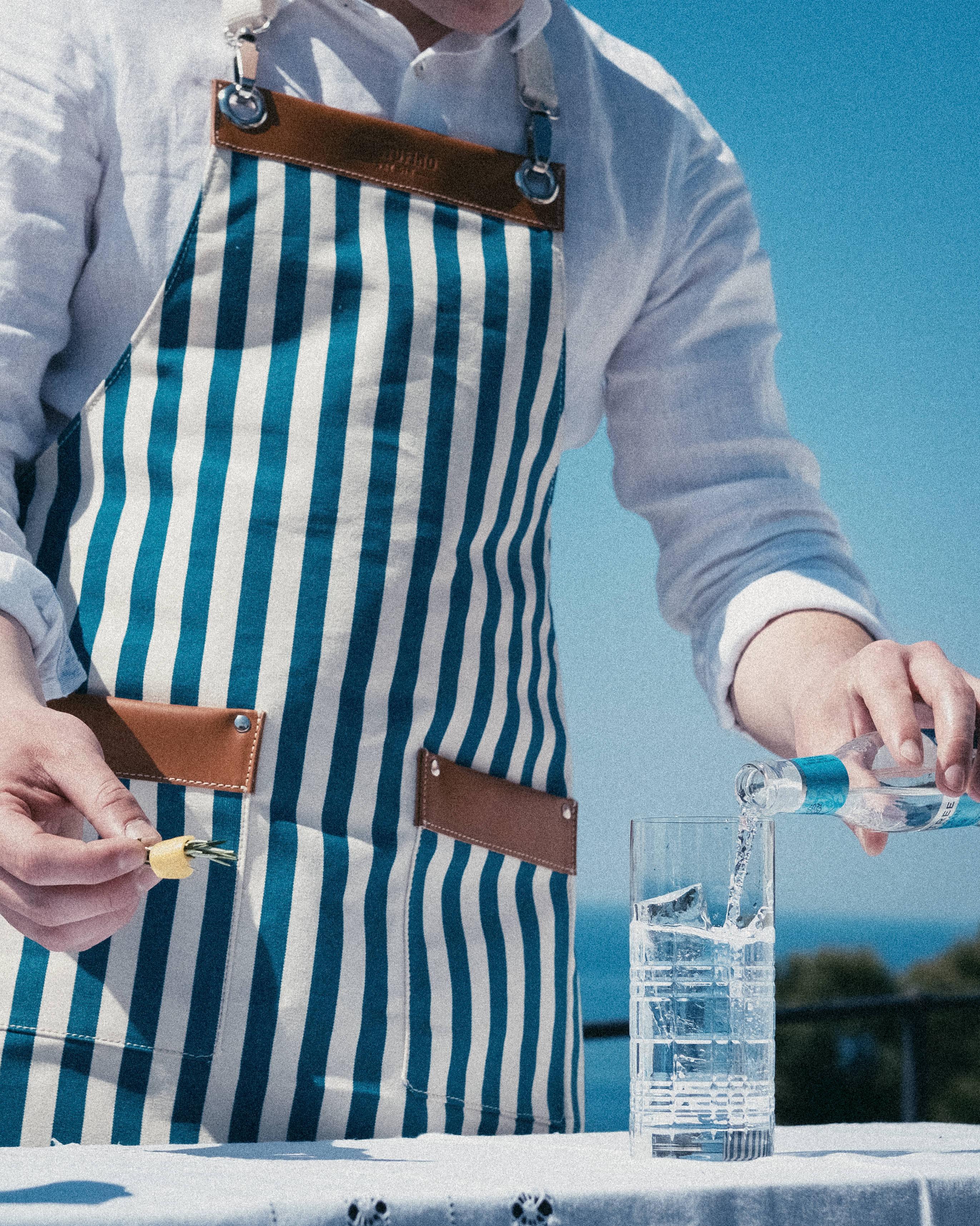 Portofino grembiule a righe cotone e pelle barman mixology