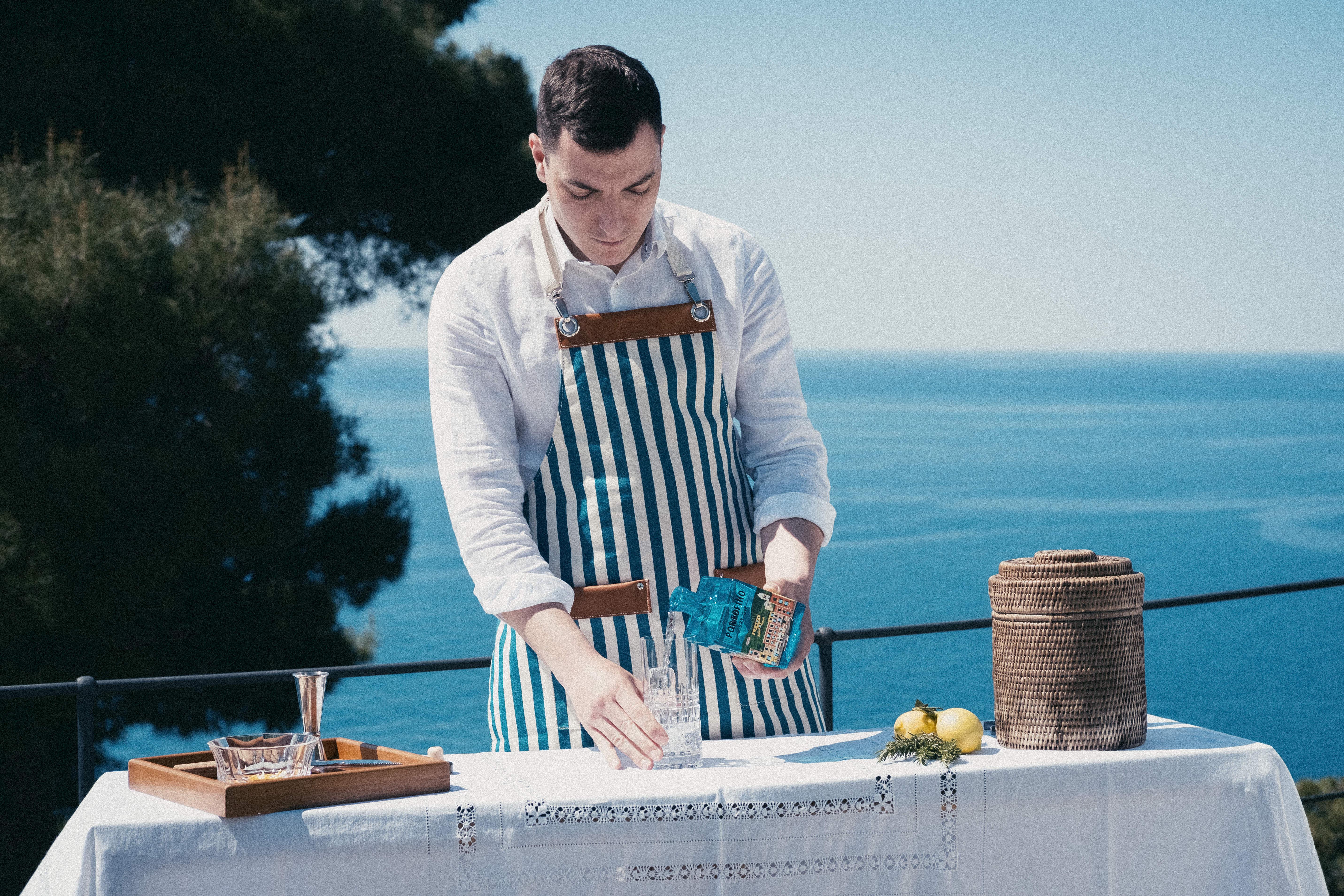 Portofino grembiule a righe cotone e pelle barman mixology